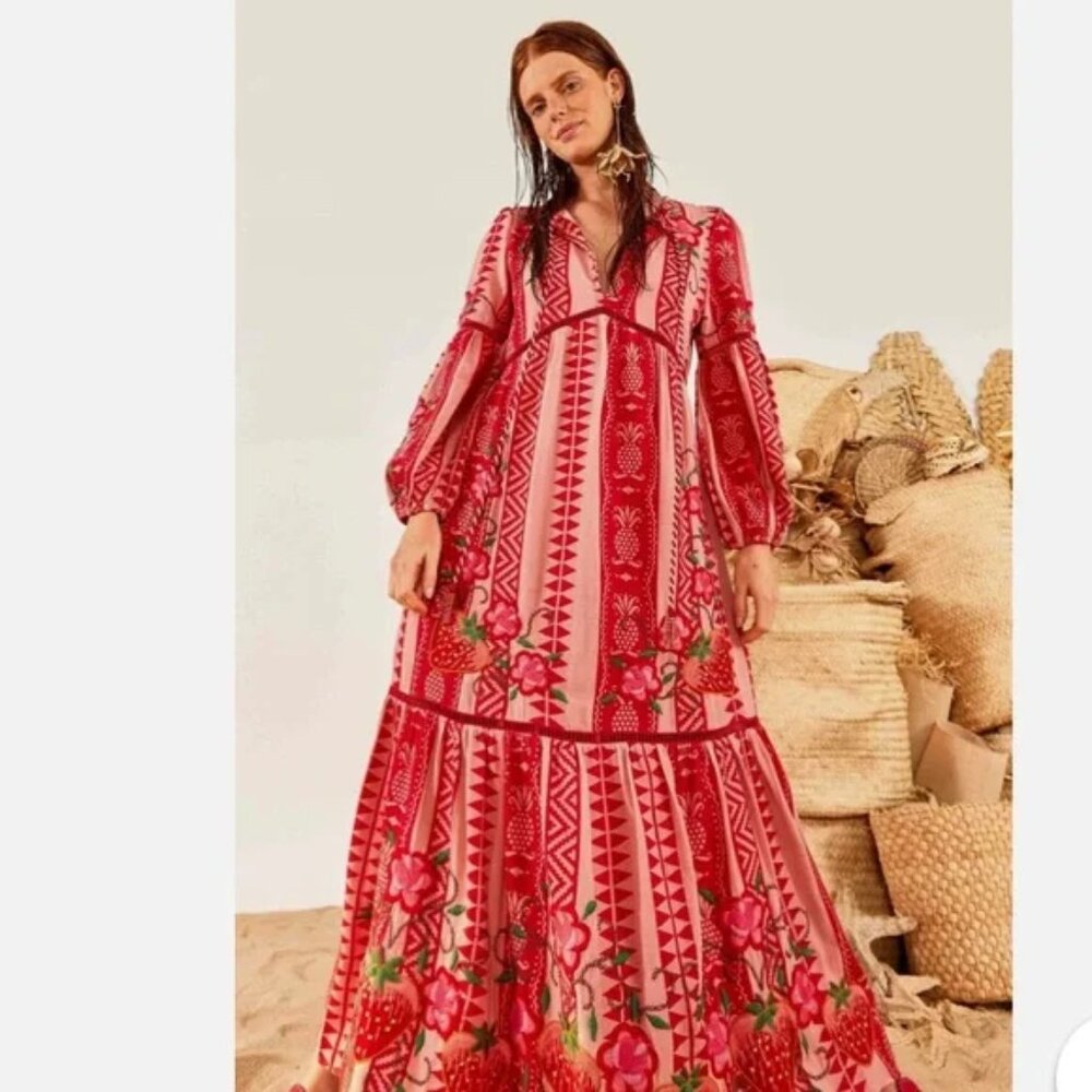 Farm Rio Embroidered Strawberry Pineapple Jacquard Maxi Dress